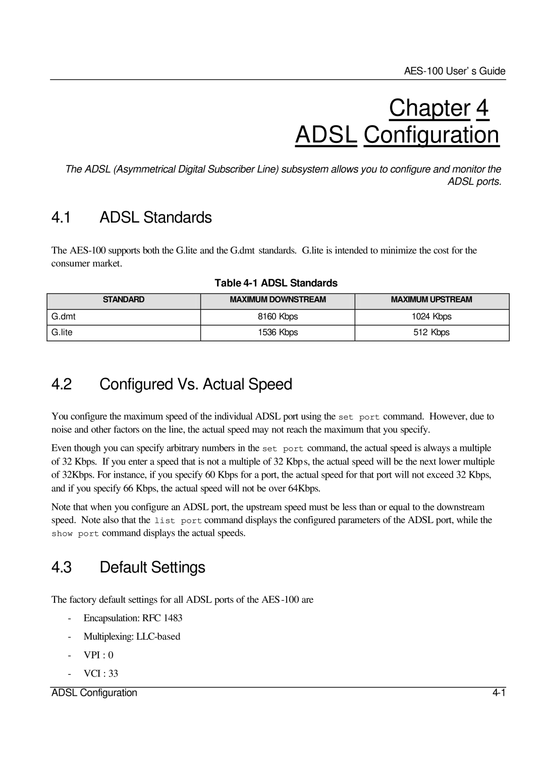 ZyXEL Communications AES-100 Chapter Adsl Configuration, Adsl Standards, Configured Vs. Actual Speed, Default Settings 