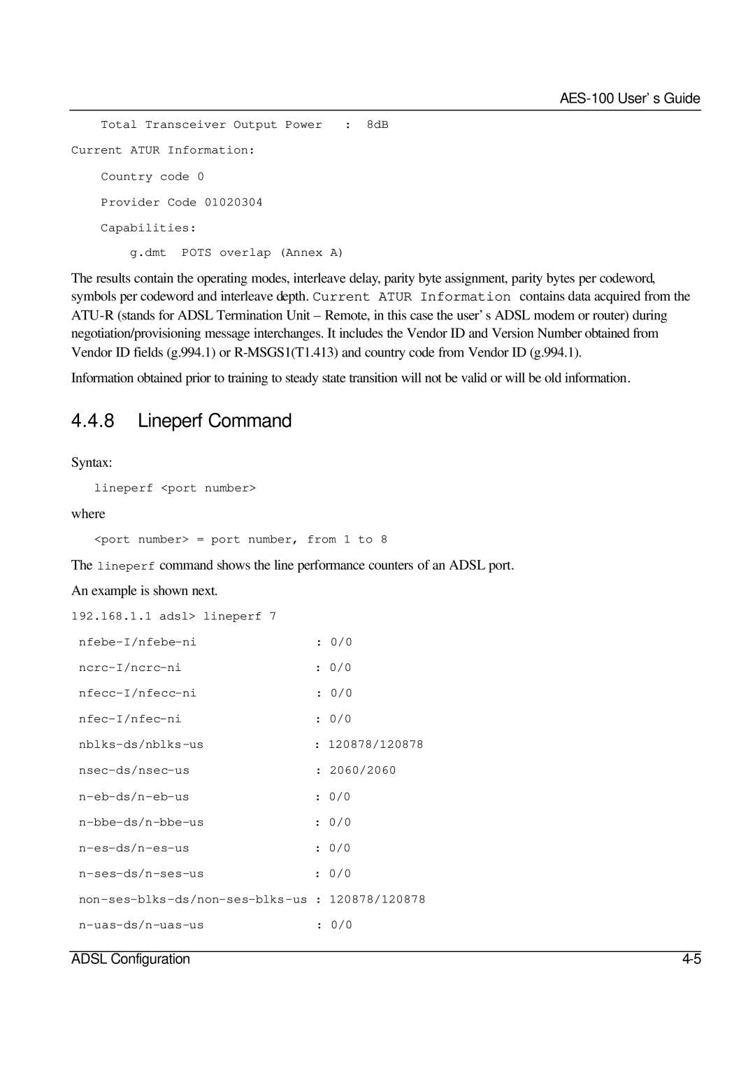 ZyXEL Communications AES-100 manual Lineperf Command 