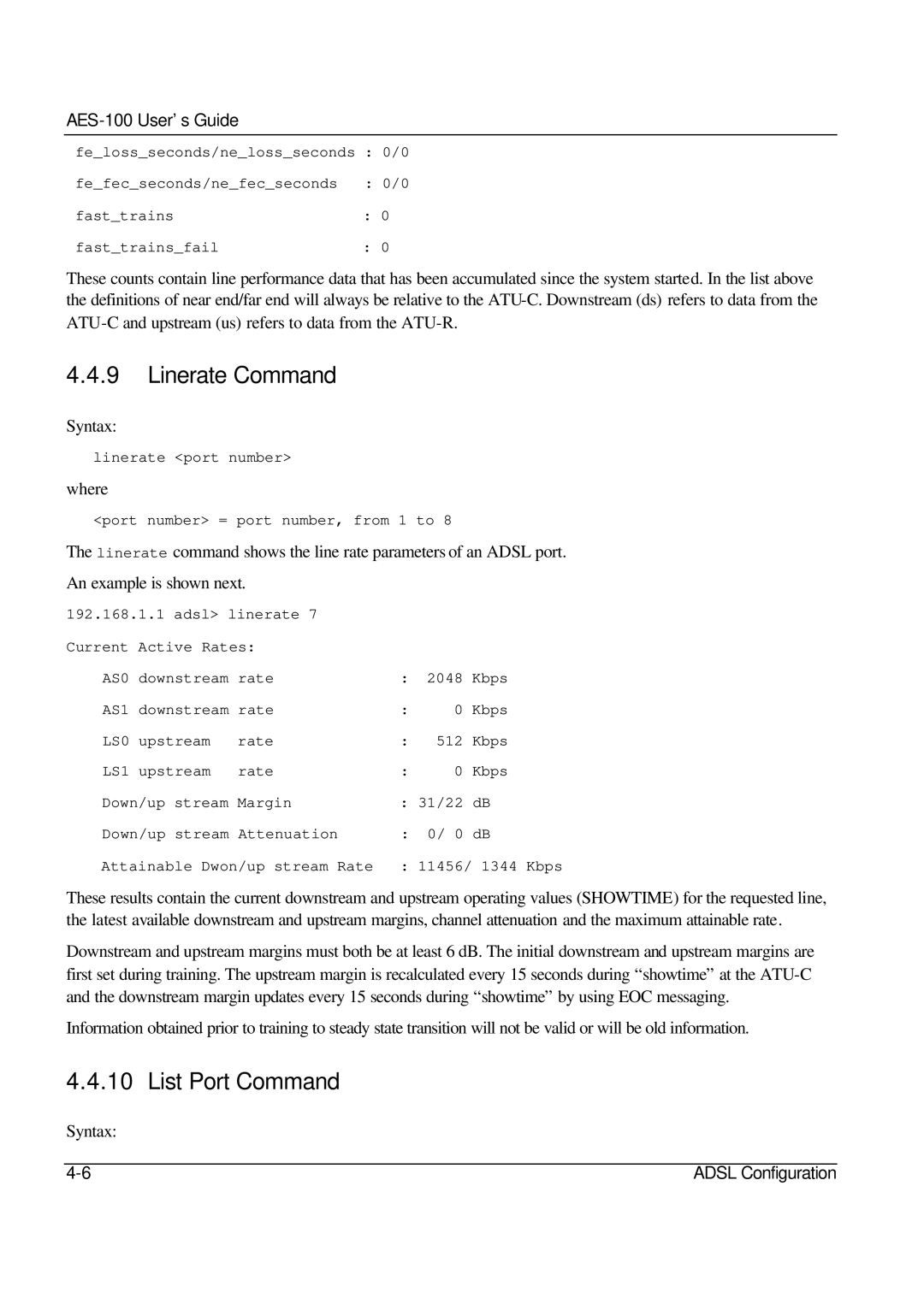 ZyXEL Communications AES-100 manual Linerate Command, List Port Command 