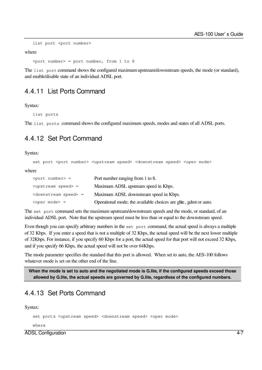 ZyXEL Communications AES-100 manual List Ports Command, Set Port Command, Set Ports Command 