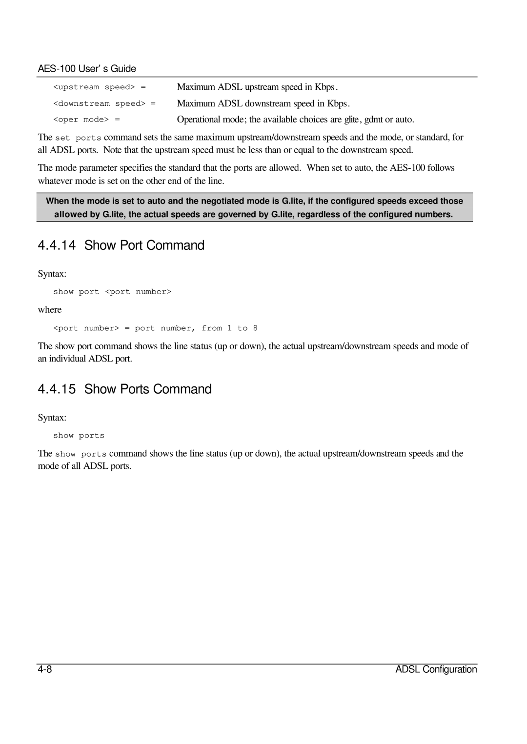 ZyXEL Communications AES-100 manual Show Port Command, Show Ports Command 