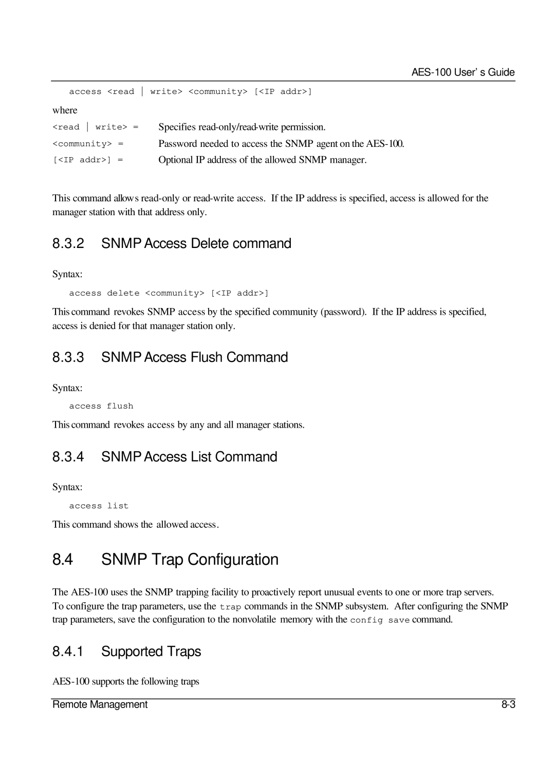 ZyXEL Communications AES-100 manual Snmp Trap Configuration, Snmp Access Delete command, Snmp Access Flush Command 