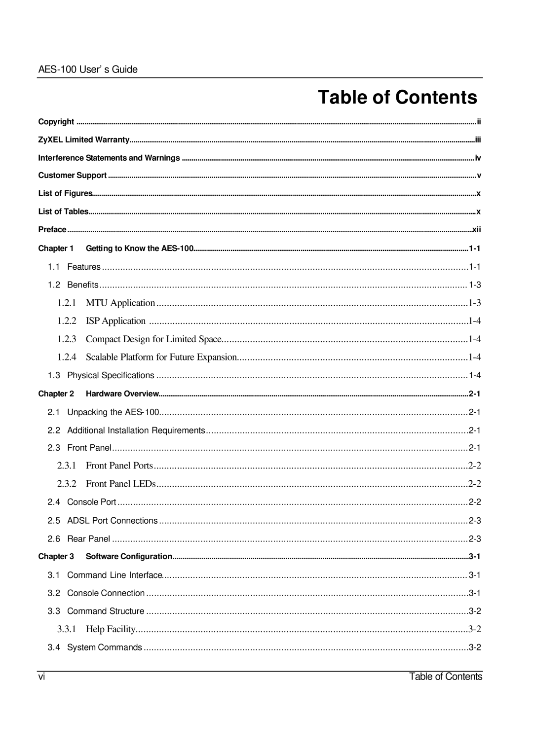 ZyXEL Communications AES-100 manual Table of Contents 