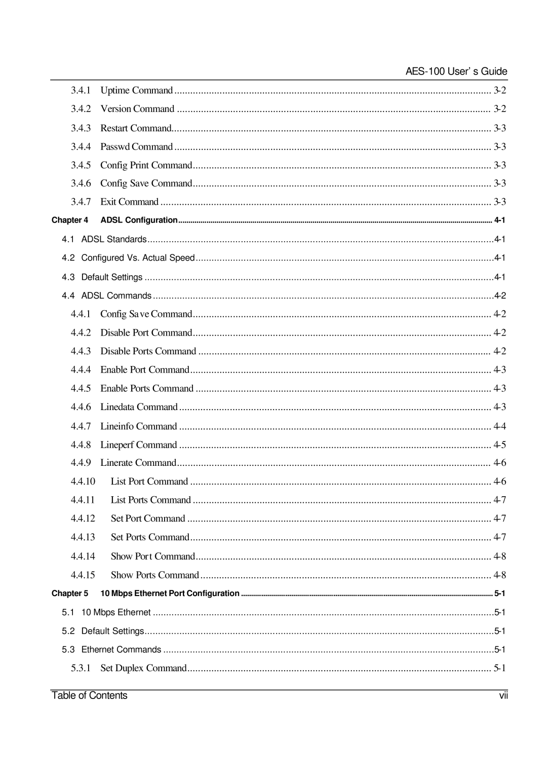 ZyXEL Communications AES-100 manual Table of Contents Vii 