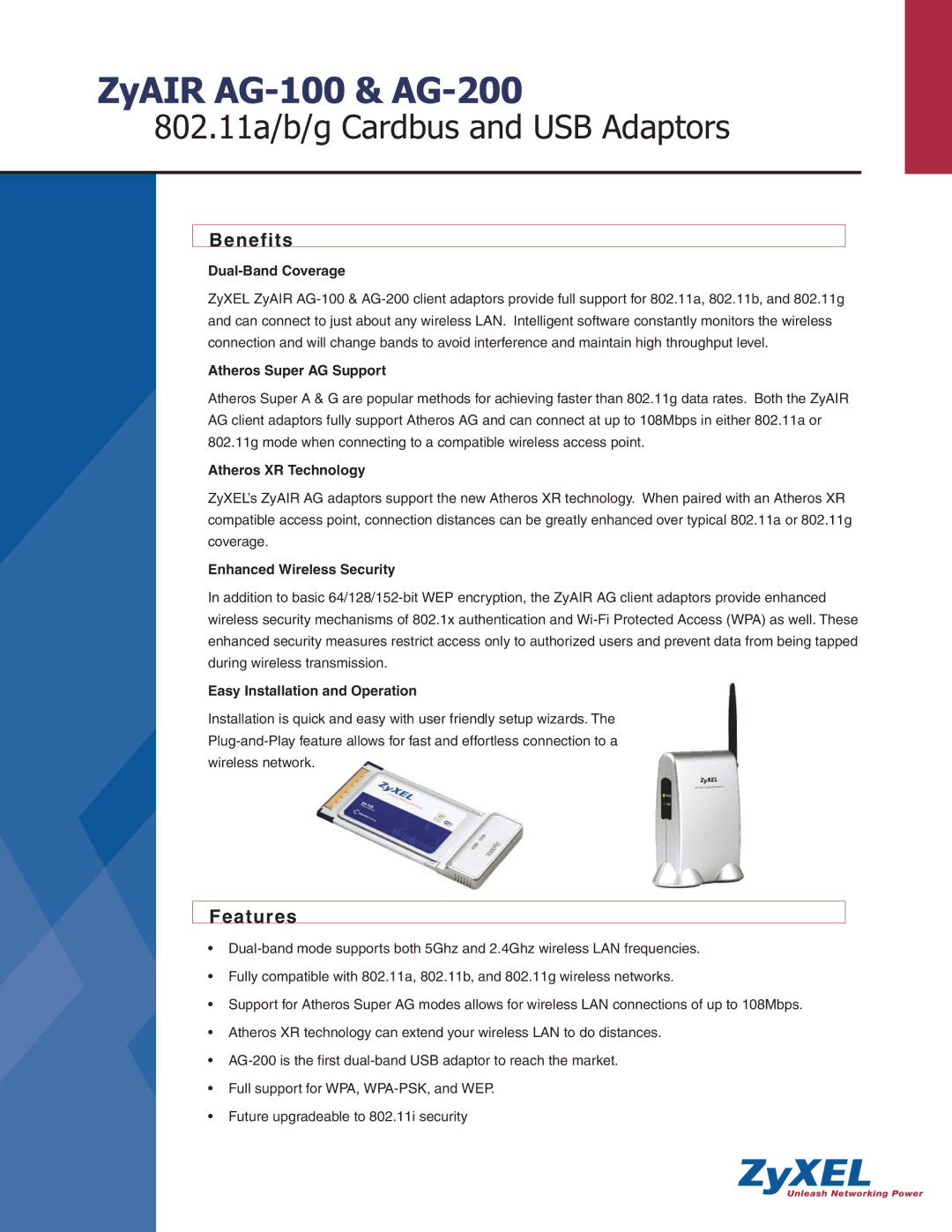 ZyXEL Communications AG-200, AG-100 manual Benefits, Features 