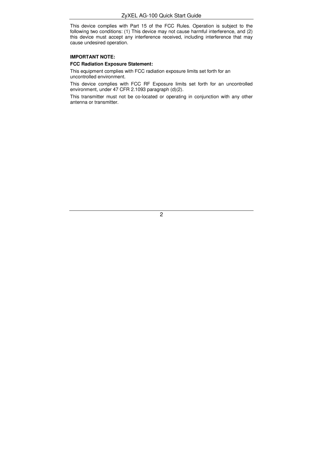 ZyXEL Communications AG-100 quick start Important Note, FCC Radiation Exposure Statement 