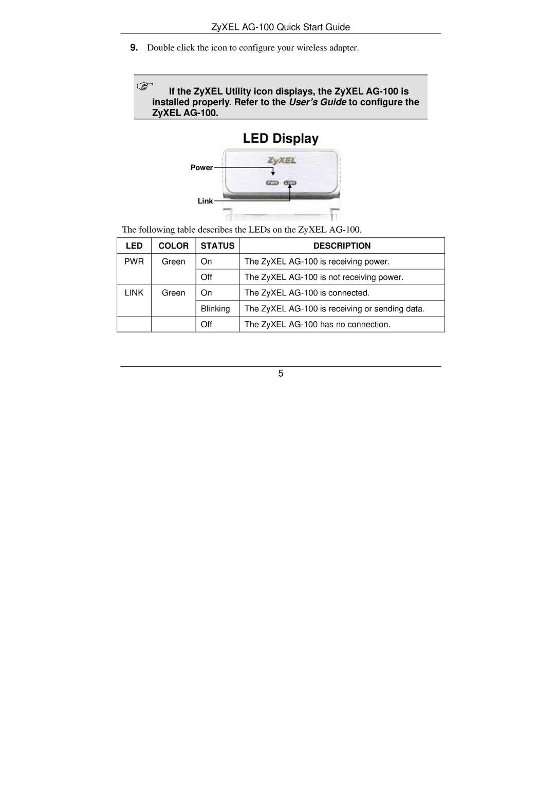 ZyXEL Communications AG-100 quick start LED Display, LED Color Status Description 