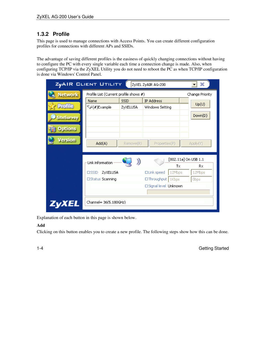 ZyXEL Communications AG-200 manual Profile, Add 