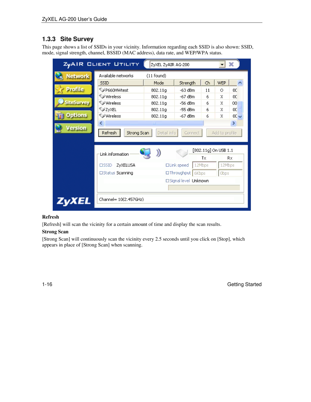 ZyXEL Communications AG-200 manual Site Survey, Refresh, Strong Scan 