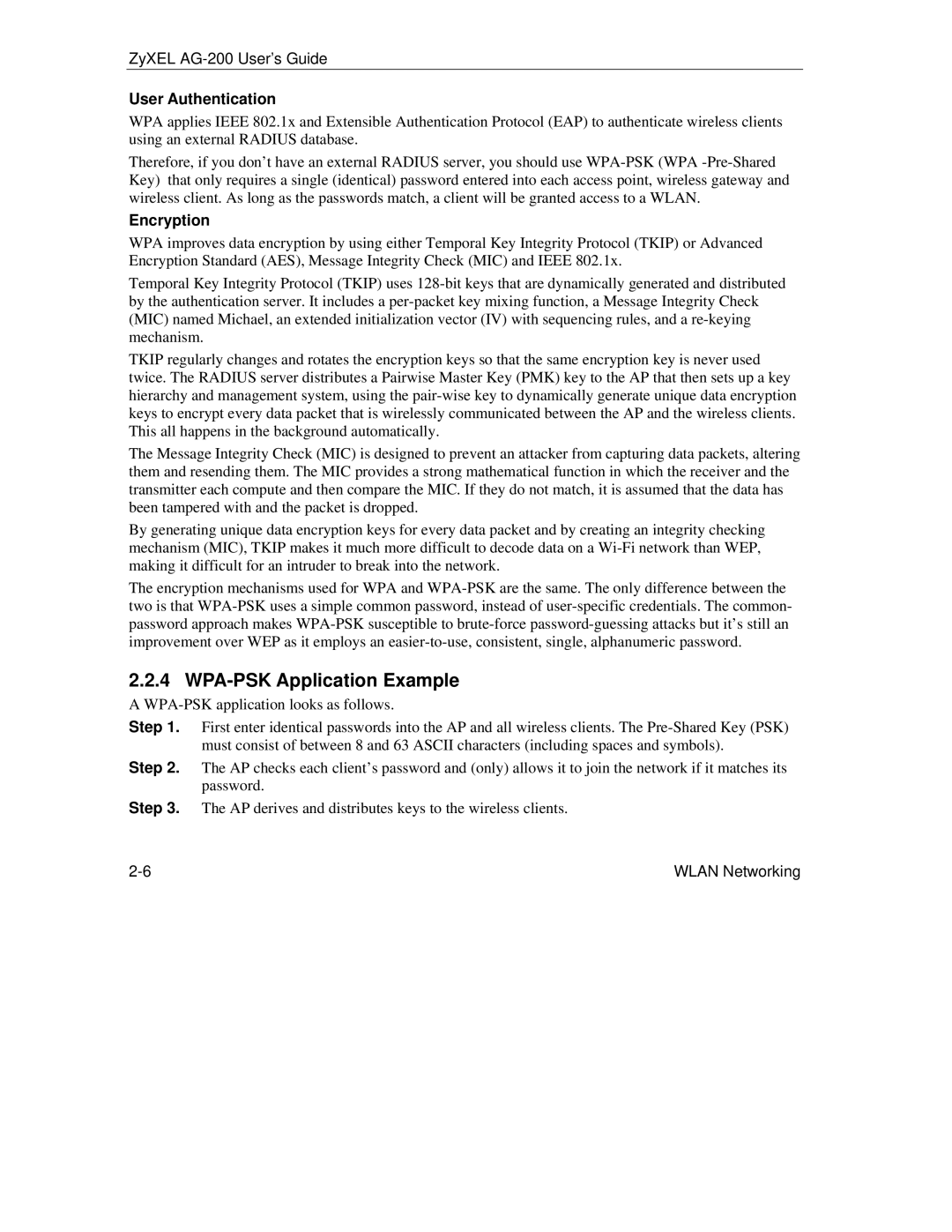 ZyXEL Communications AG-200 manual WPA-PSK Application Example, User Authentication, Encryption 