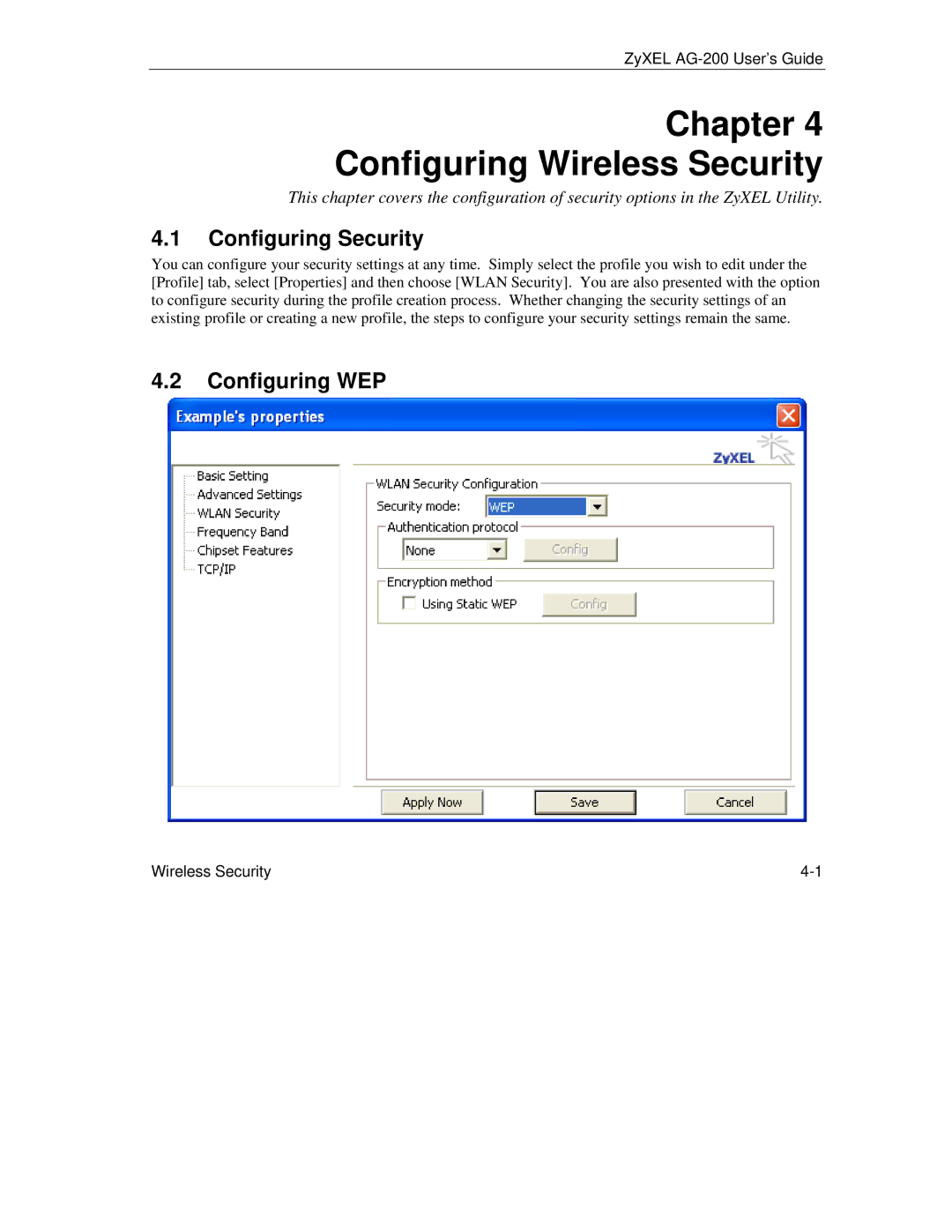 ZyXEL Communications AG-200 manual Configuring Security, Configuring WEP 