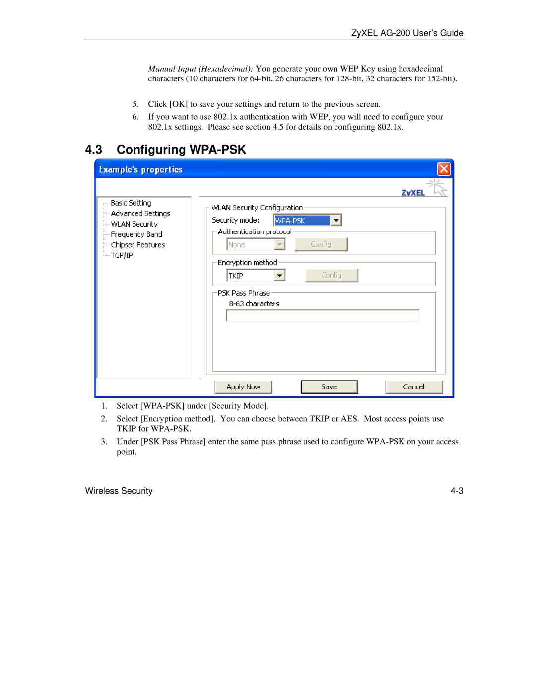 ZyXEL Communications AG-200 manual Configuring WPA-PSK 