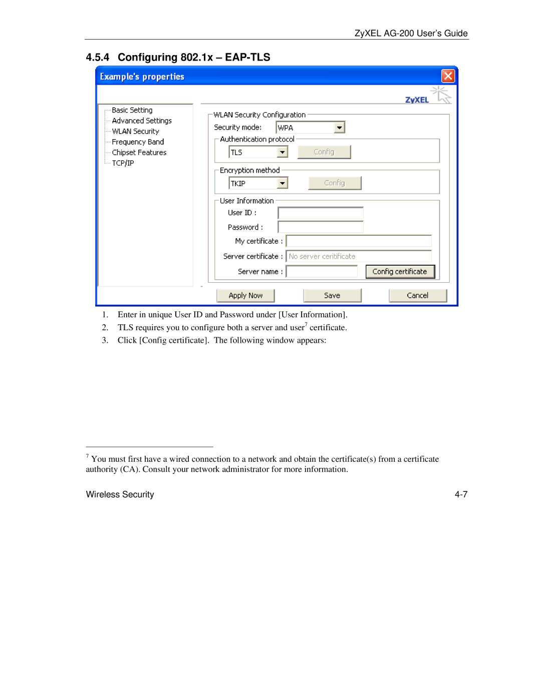 ZyXEL Communications AG-200 manual Configuring 802.1x EAP-TLS 