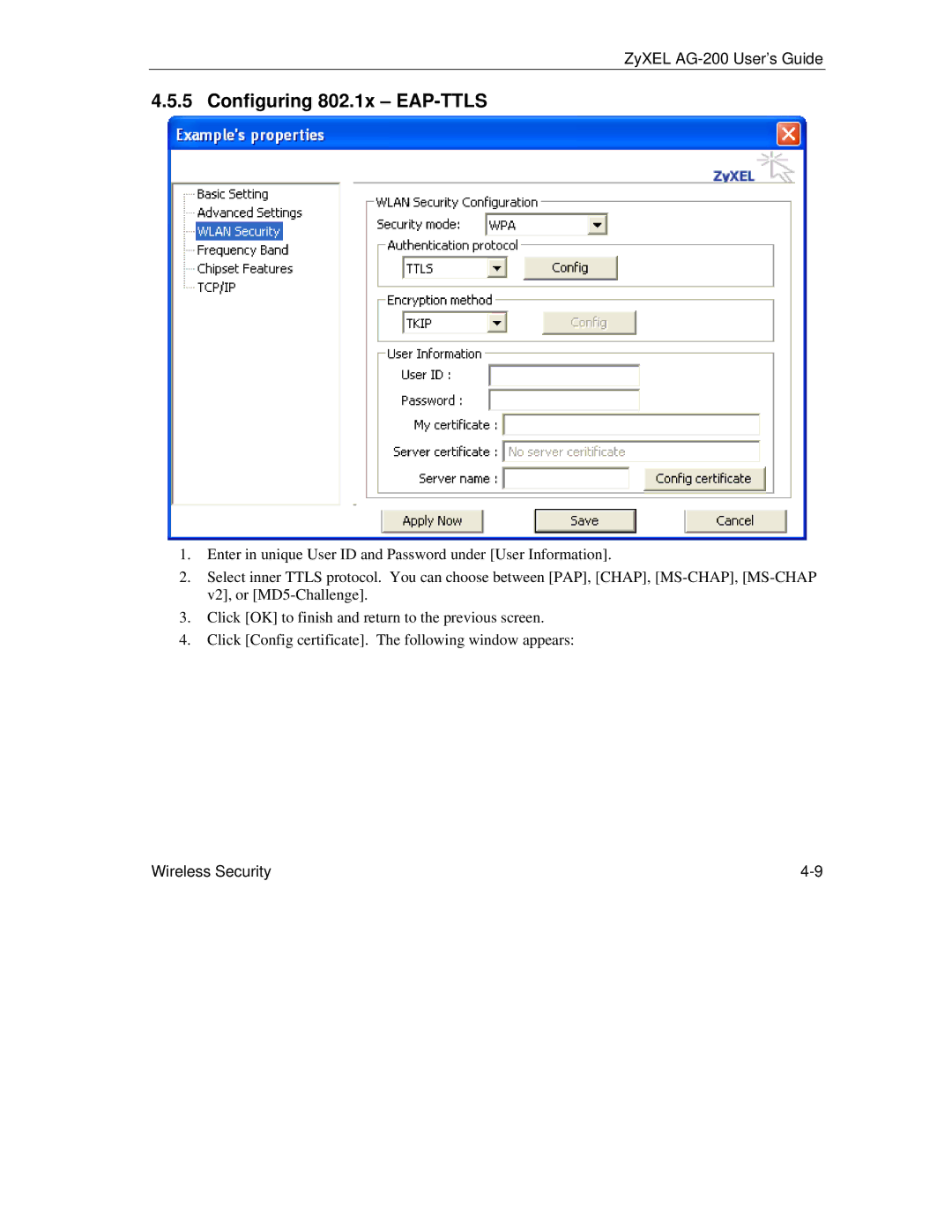 ZyXEL Communications AG-200 manual Configuring 802.1x EAP-TTLS 