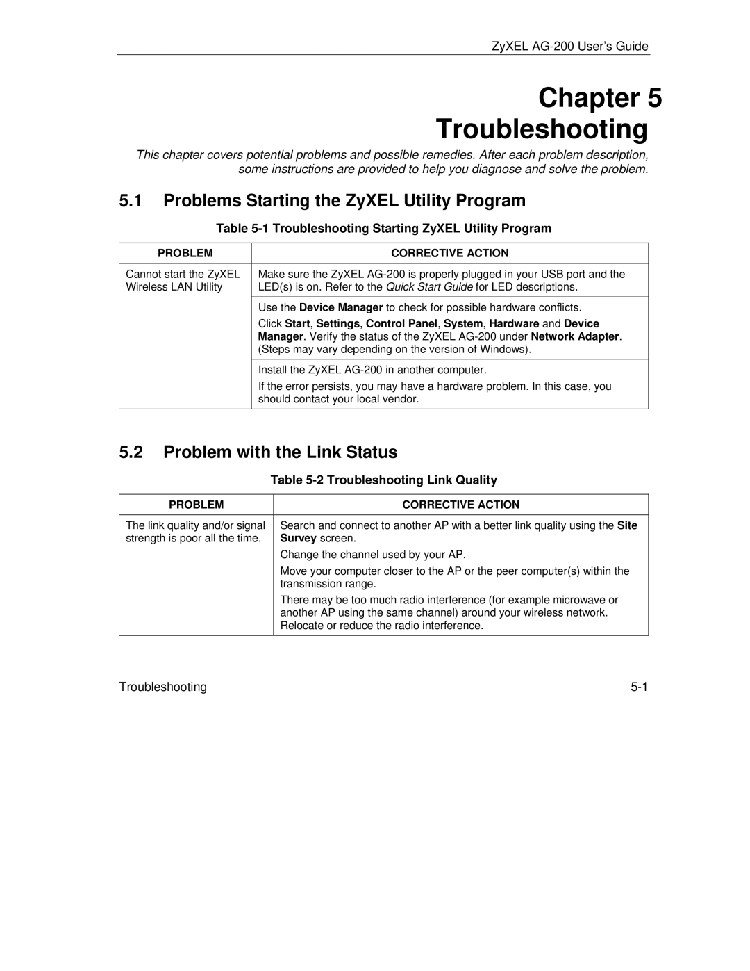 ZyXEL Communications AG-200 manual Problems Starting the ZyXEL Utility Program, Problem with the Link Status 