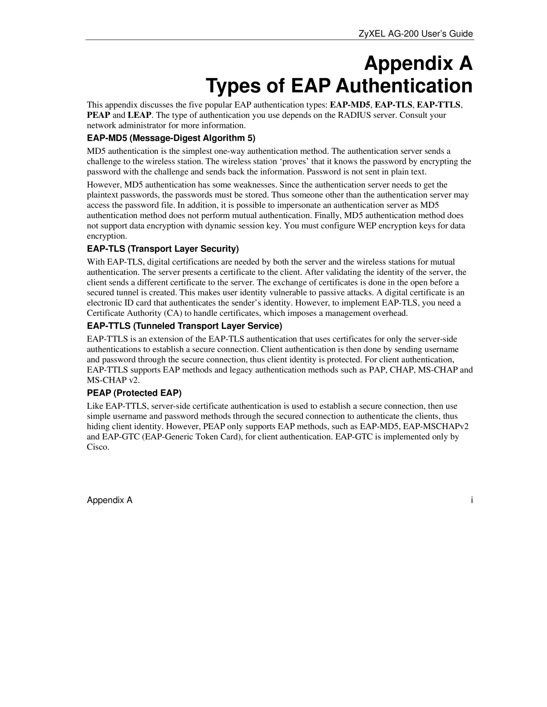 ZyXEL Communications AG-200 manual EAP-MD5 Message-Digest Algorithm, EAP-TLS Transport Layer Security, Peap Protected EAP 