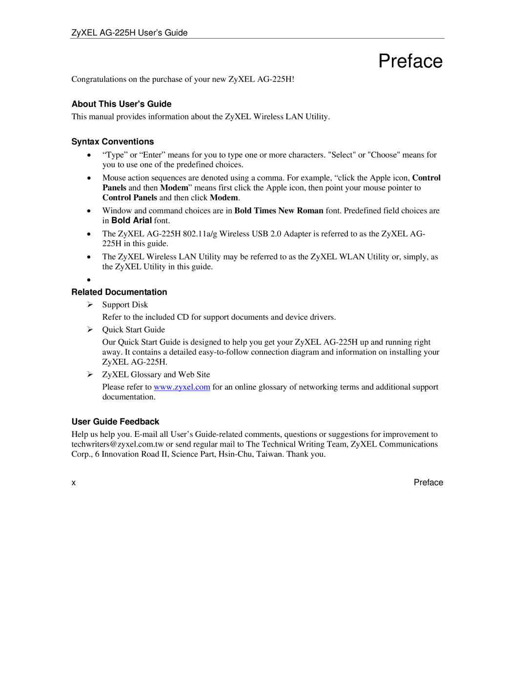 ZyXEL Communications AG-225H manual About This Users Guide, Syntax Conventions, Related Documentation, User Guide Feedback 