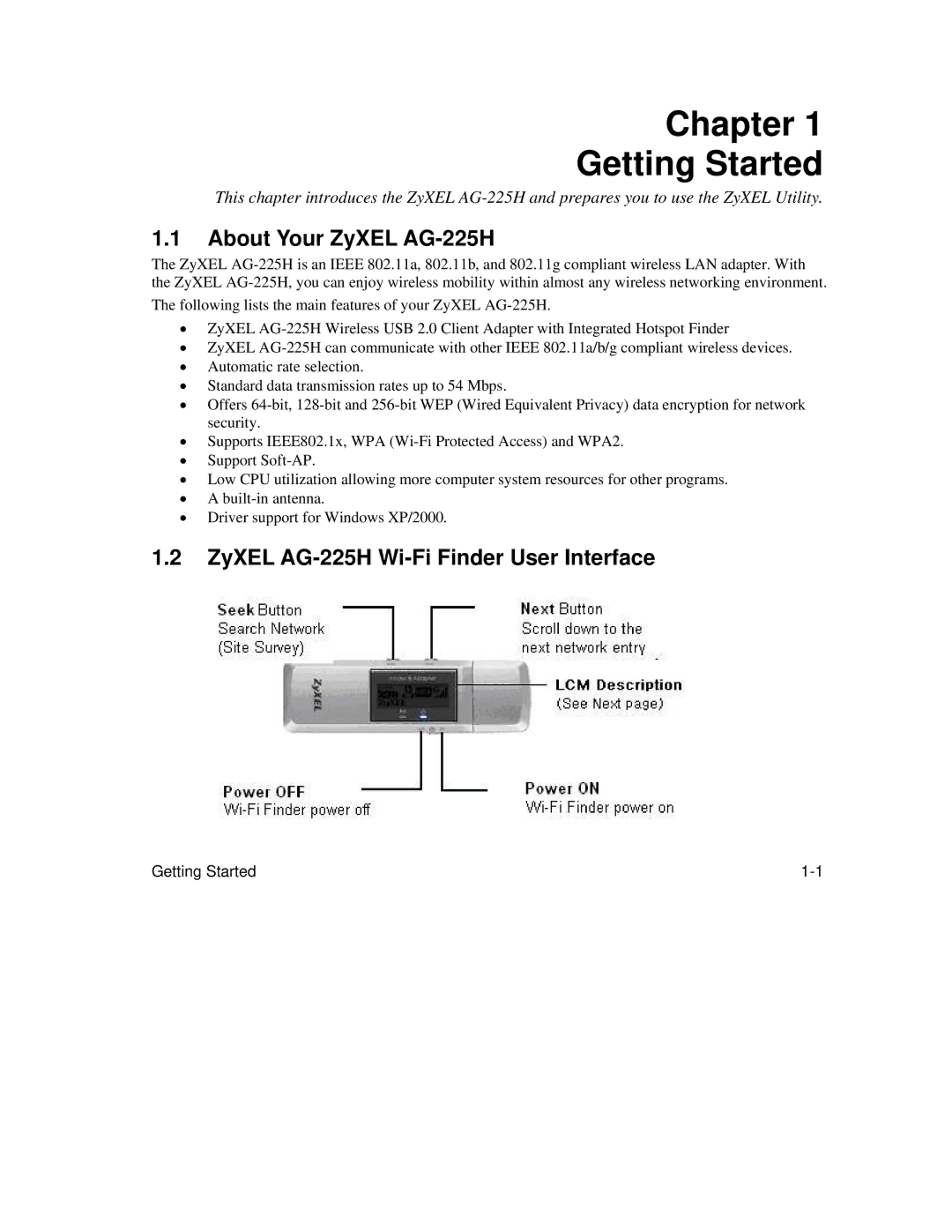 ZyXEL Communications manual About Your ZyXEL AG-225H, ZyXEL AG-225H Wi-Fi Finder User Interface 