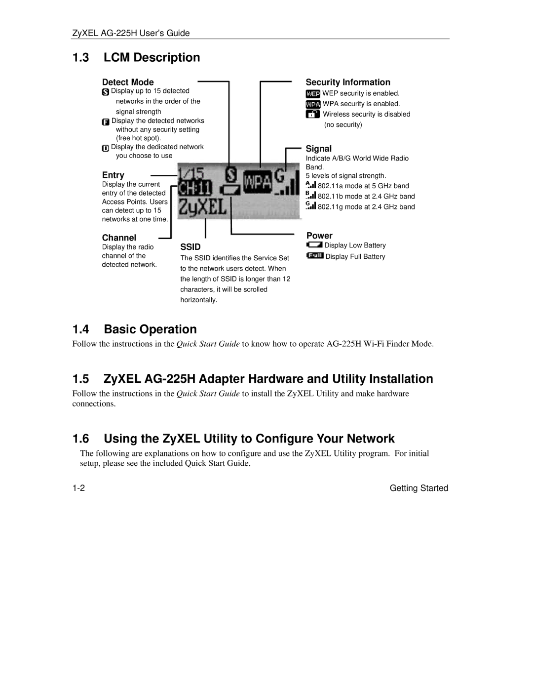 ZyXEL Communications manual LCM Description, Basic Operation, ZyXEL AG-225H Adapter Hardware and Utility Installation 