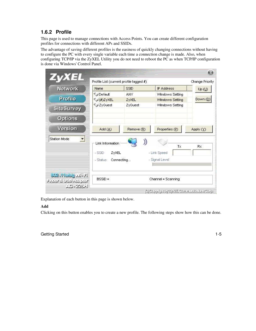 ZyXEL Communications AG-225H manual Profile, Add 