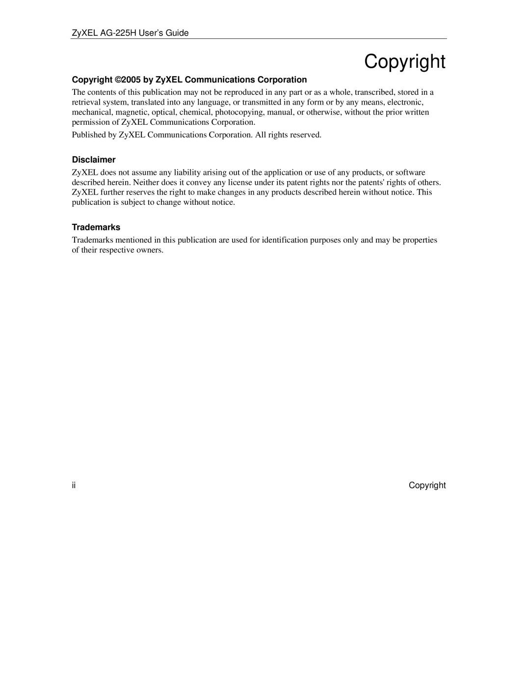 ZyXEL Communications AG-225H manual Copyright 2005 by ZyXEL Communications Corporation, Disclaimer, Trademarks 