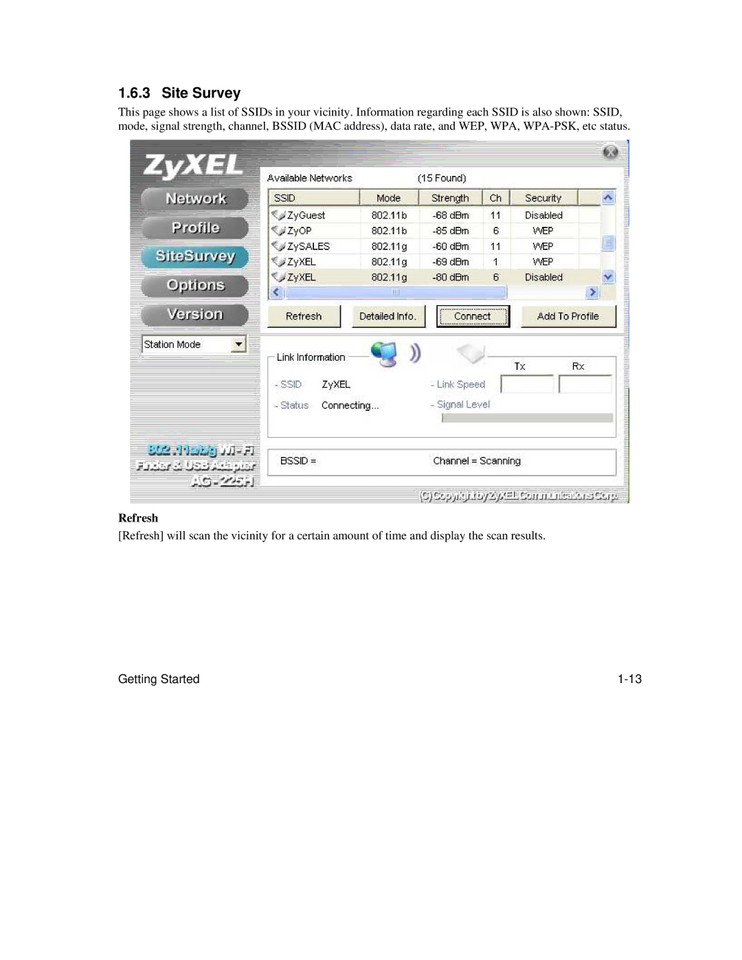 ZyXEL Communications AG-225H manual Site Survey, Refresh 