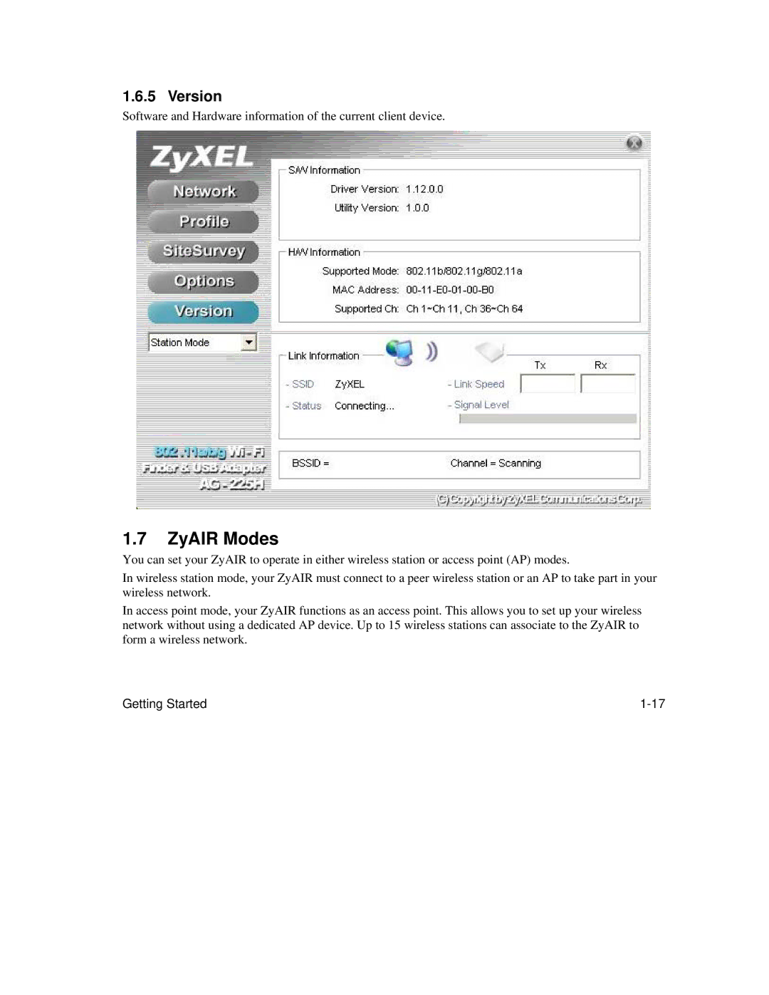 ZyXEL Communications AG-225H manual ZyAIR Modes, Version 