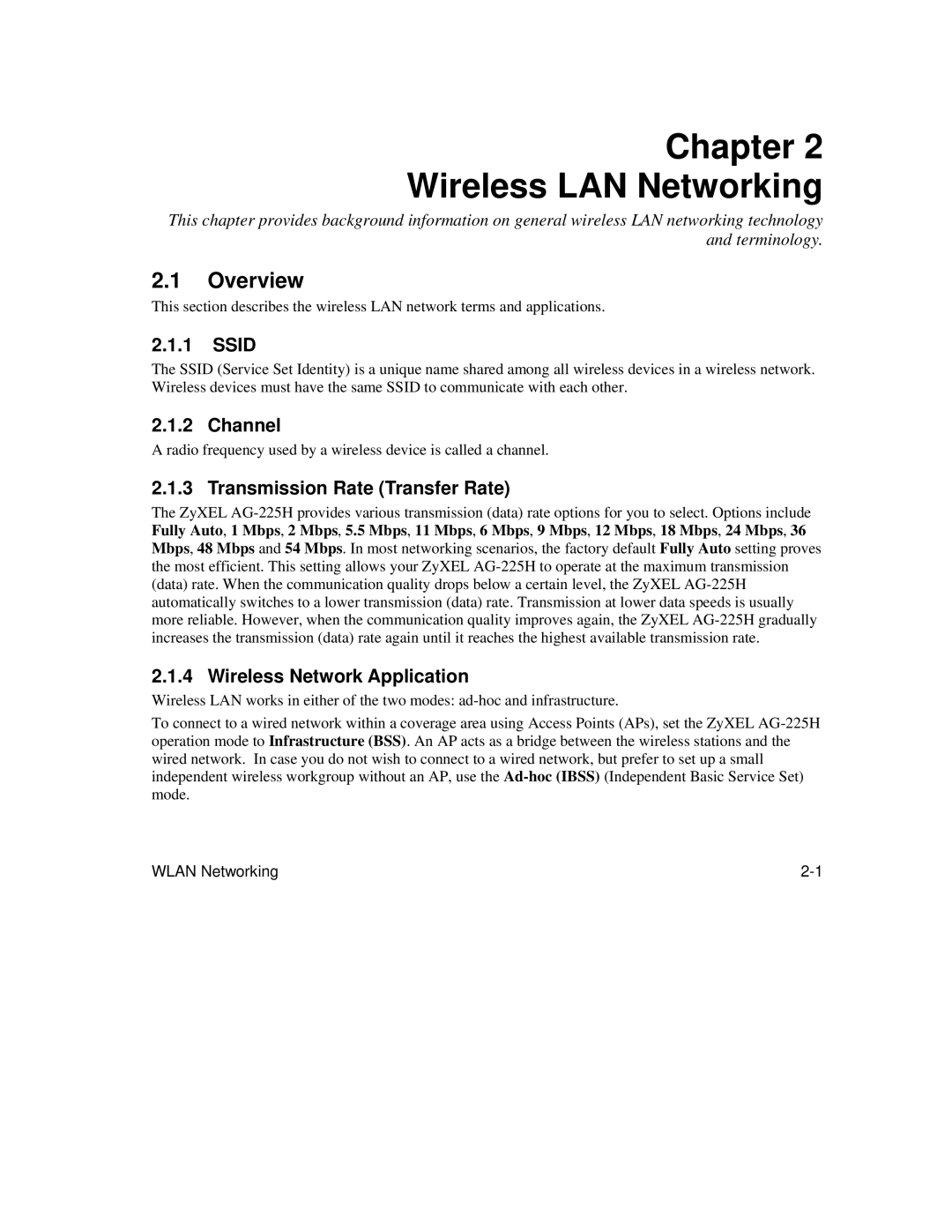 ZyXEL Communications AG-225H manual Overview, Ssid, Channel, Transmission Rate Transfer Rate, Wireless Network Application 