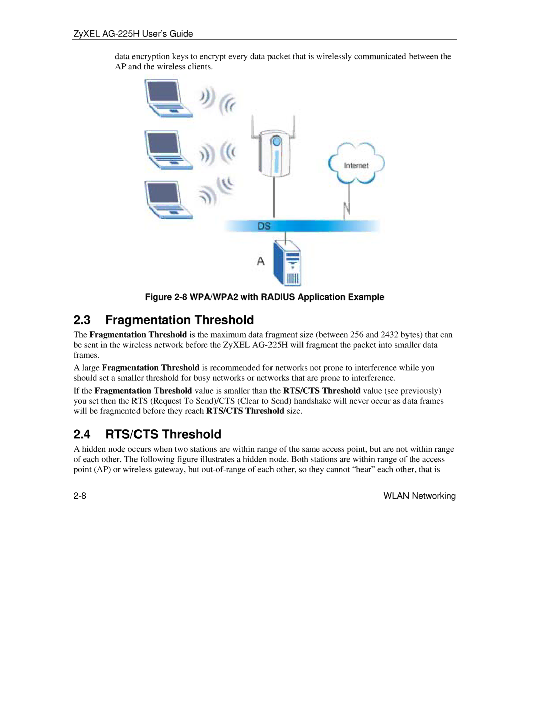 ZyXEL Communications AG-225H manual Fragmentation Threshold, RTS/CTS Threshold 