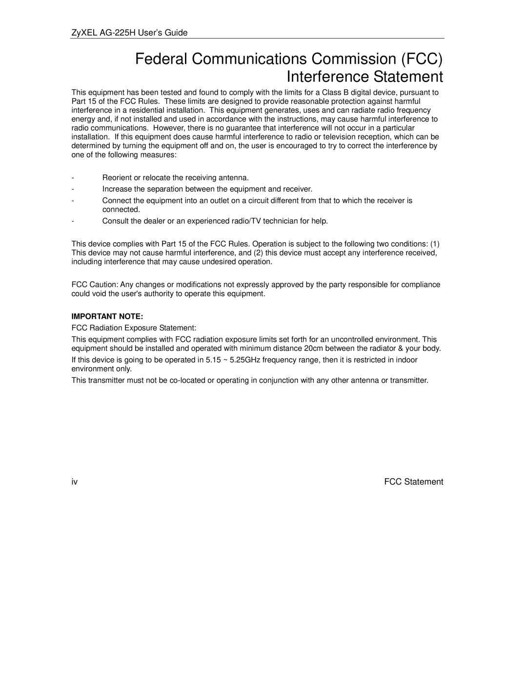 ZyXEL Communications AG-225H manual Federal Communications Commission FCC Interference Statement 