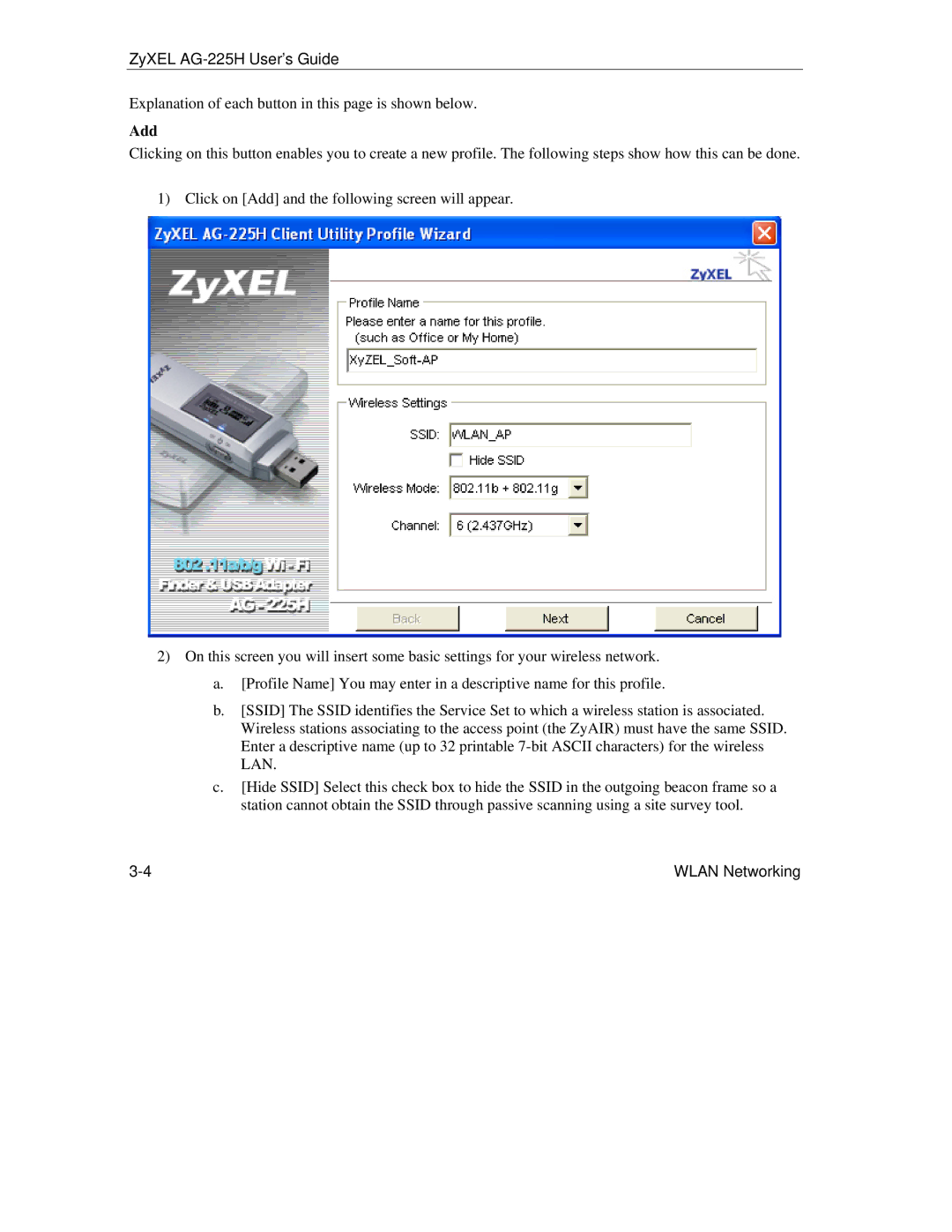 ZyXEL Communications AG-225H manual Add 