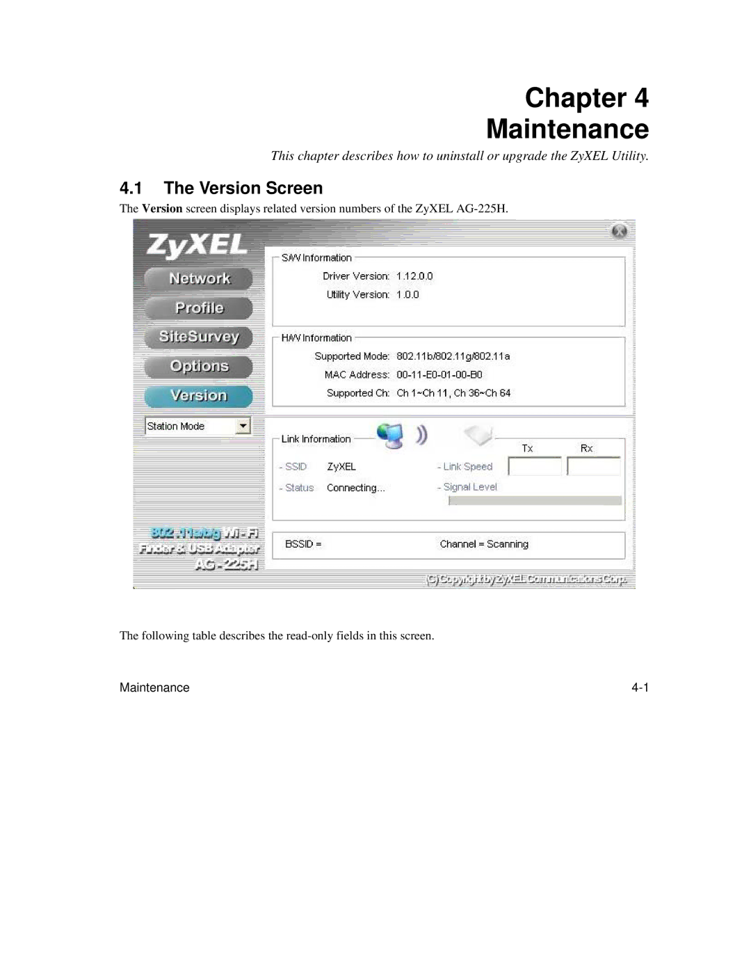 ZyXEL Communications AG-225H manual Chapter Maintenance, Version Screen 