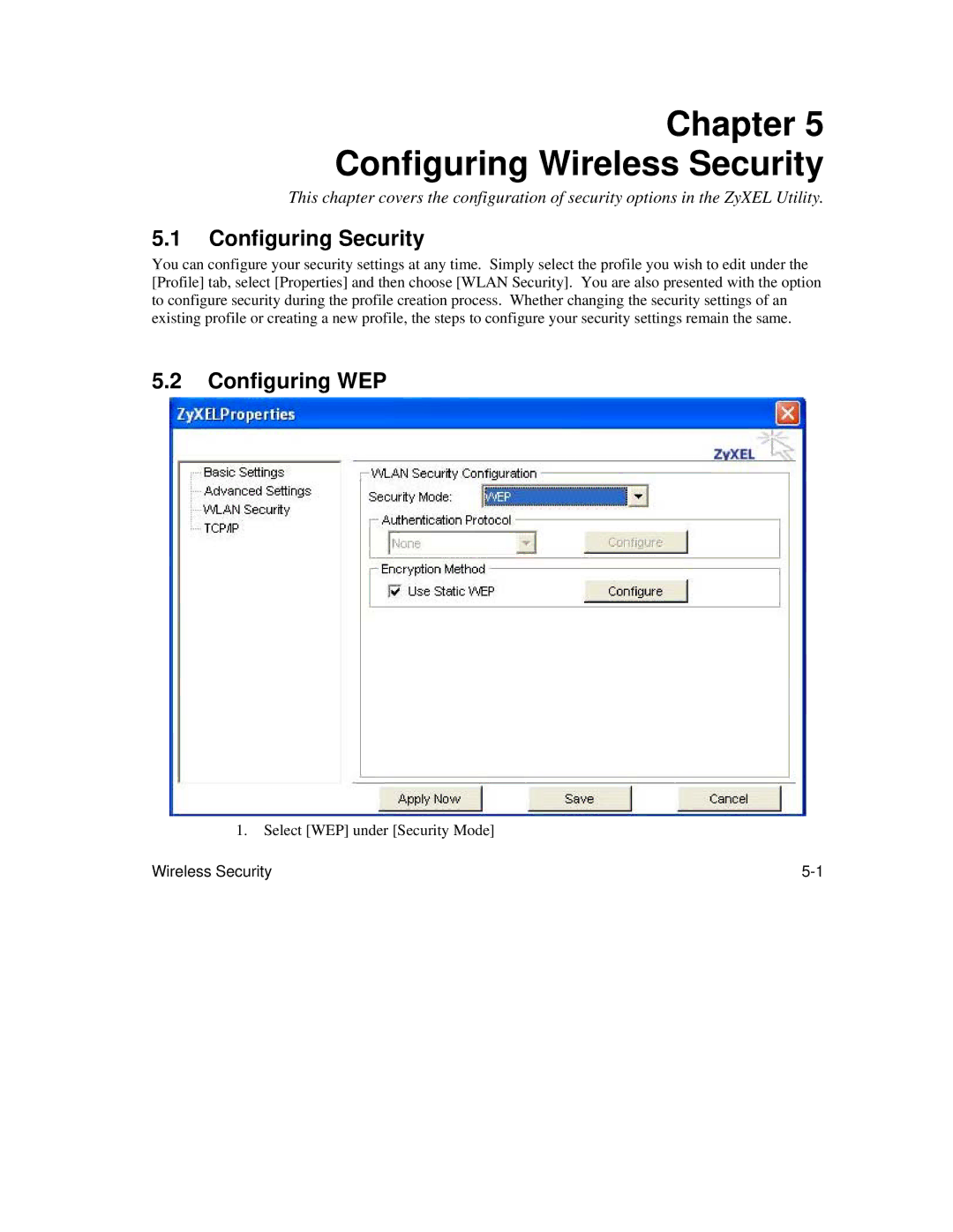 ZyXEL Communications AG-225H manual Configuring Security, Configuring WEP 