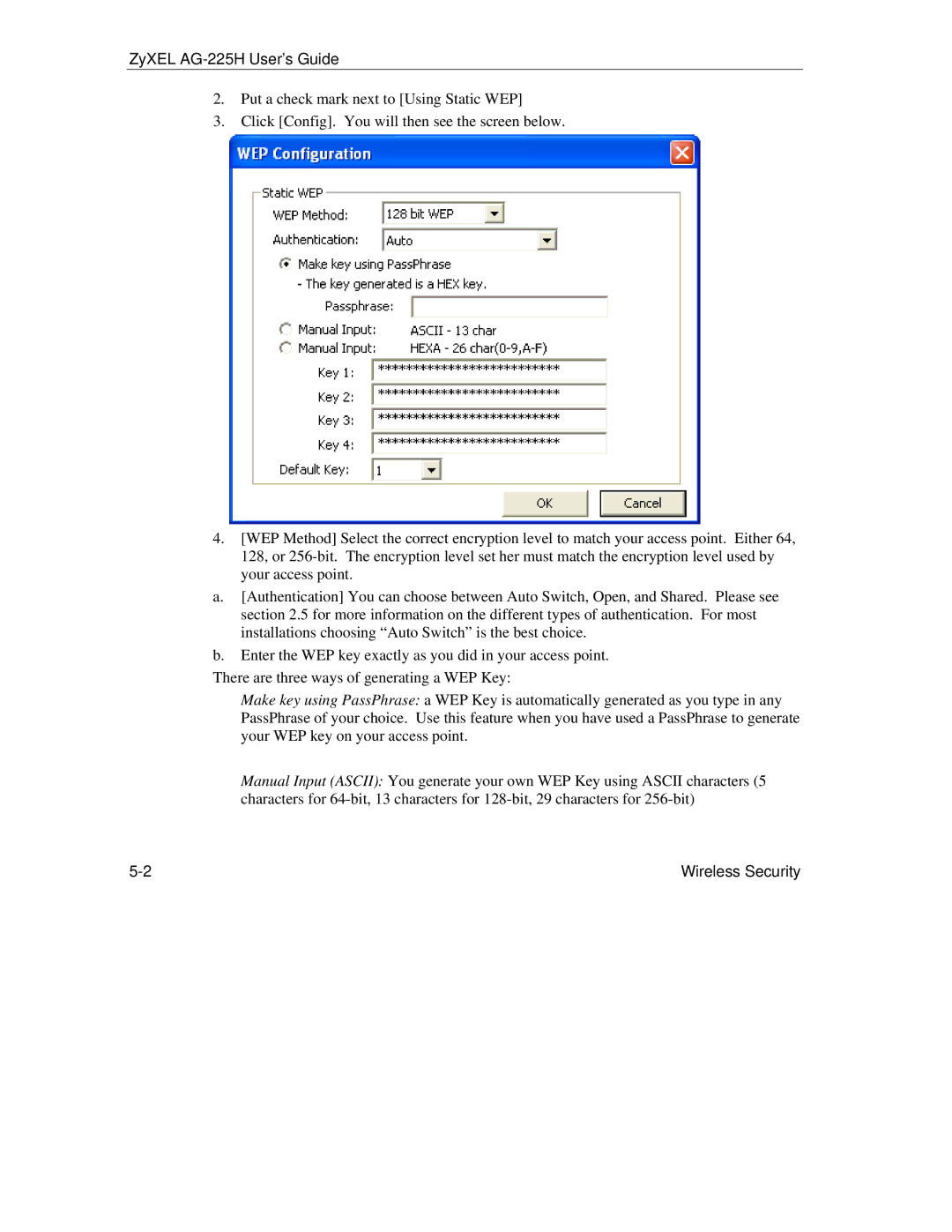 ZyXEL Communications AG-225H manual Wireless Security 