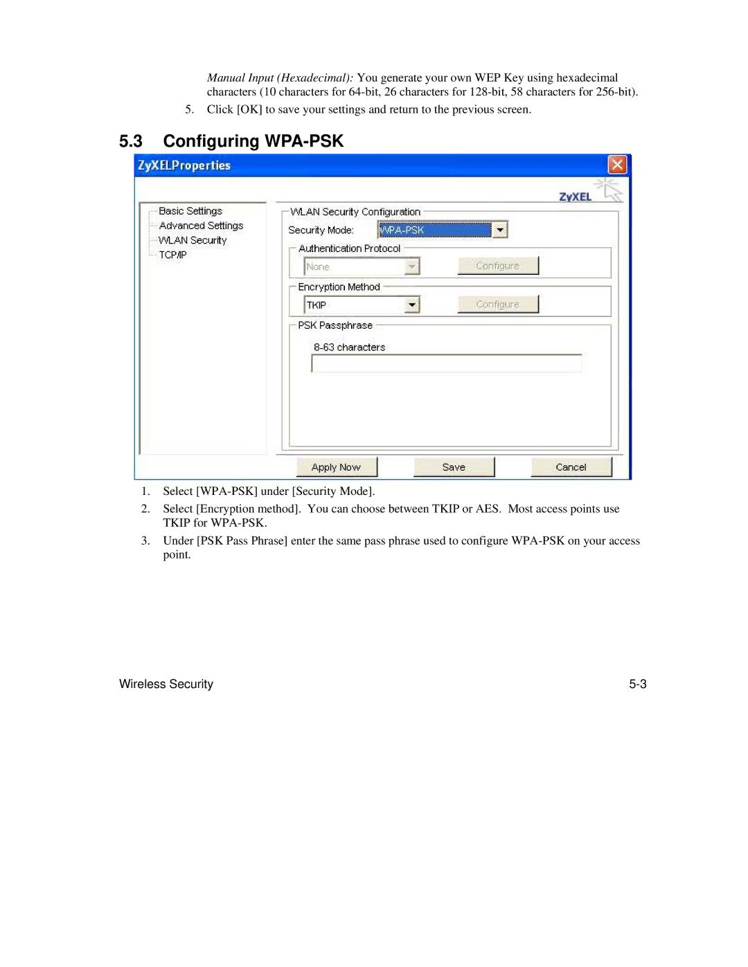 ZyXEL Communications AG-225H manual Configuring WPA-PSK 