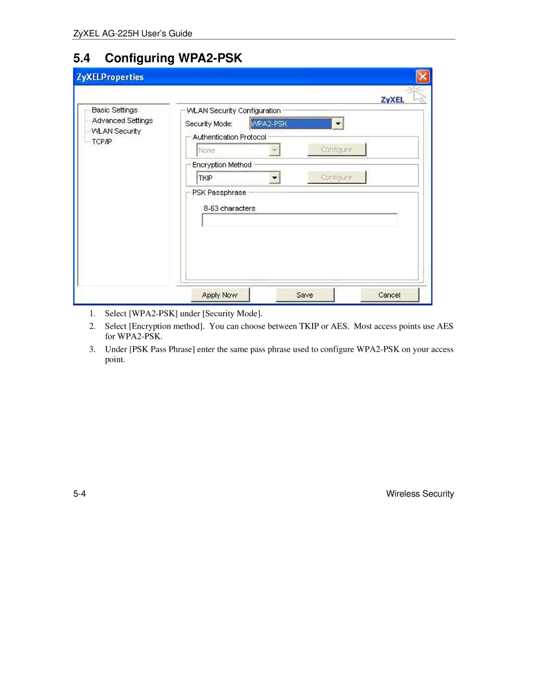 ZyXEL Communications AG-225H manual Configuring WPA2-PSK 