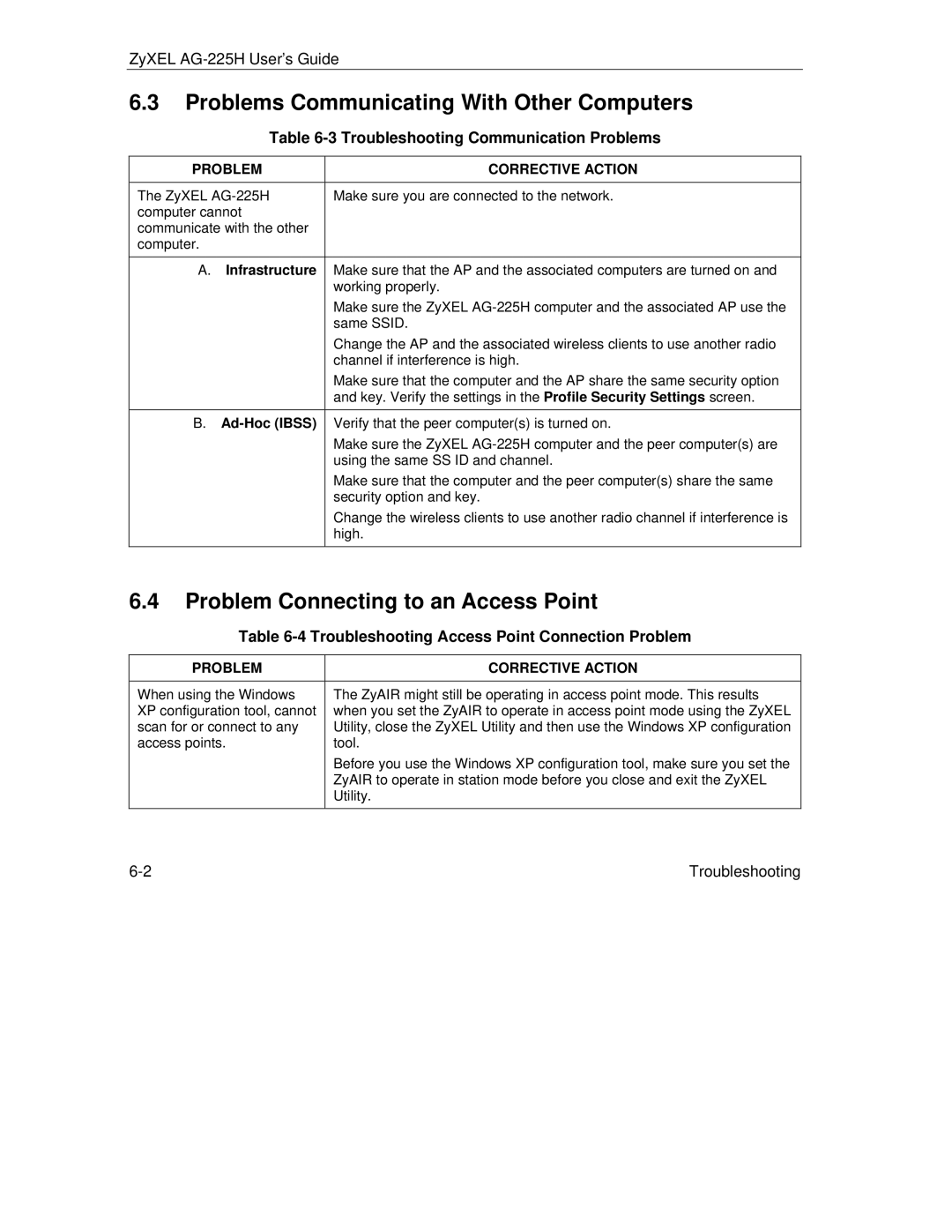 ZyXEL Communications AG-225H manual Problems Communicating With Other Computers, Problem Connecting to an Access Point 