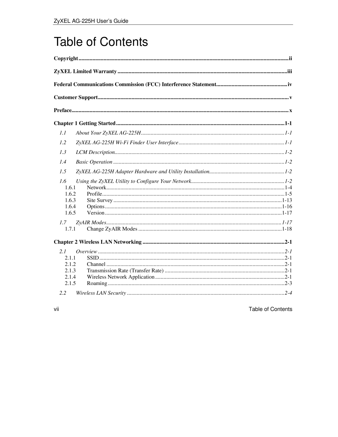 ZyXEL Communications AG-225H manual Table of Contents 