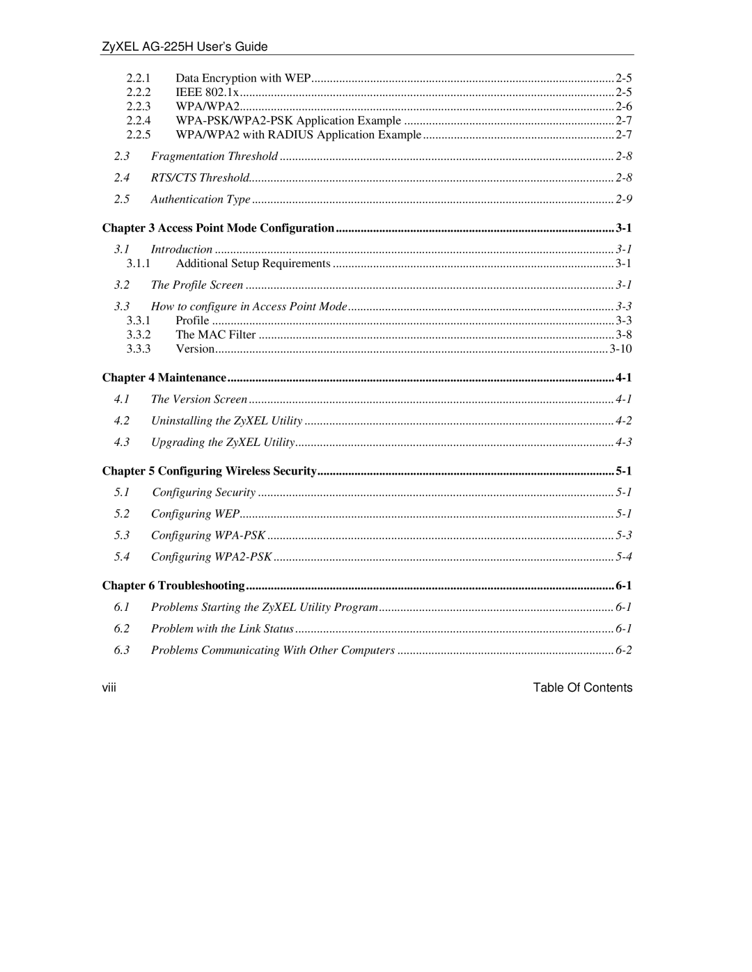 ZyXEL Communications AG-225H manual Viii Table Of Contents 