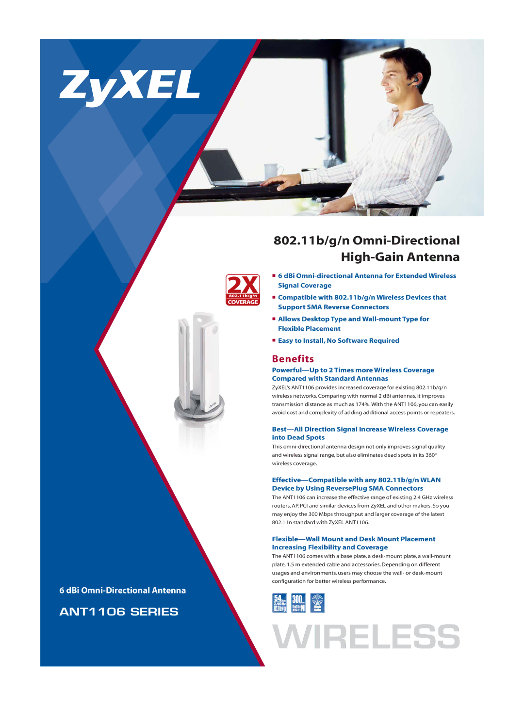 ZyXEL Communications ANT1106 manual 802.11b/g/n Omni-Directional High-Gain Antenna, Benefits 