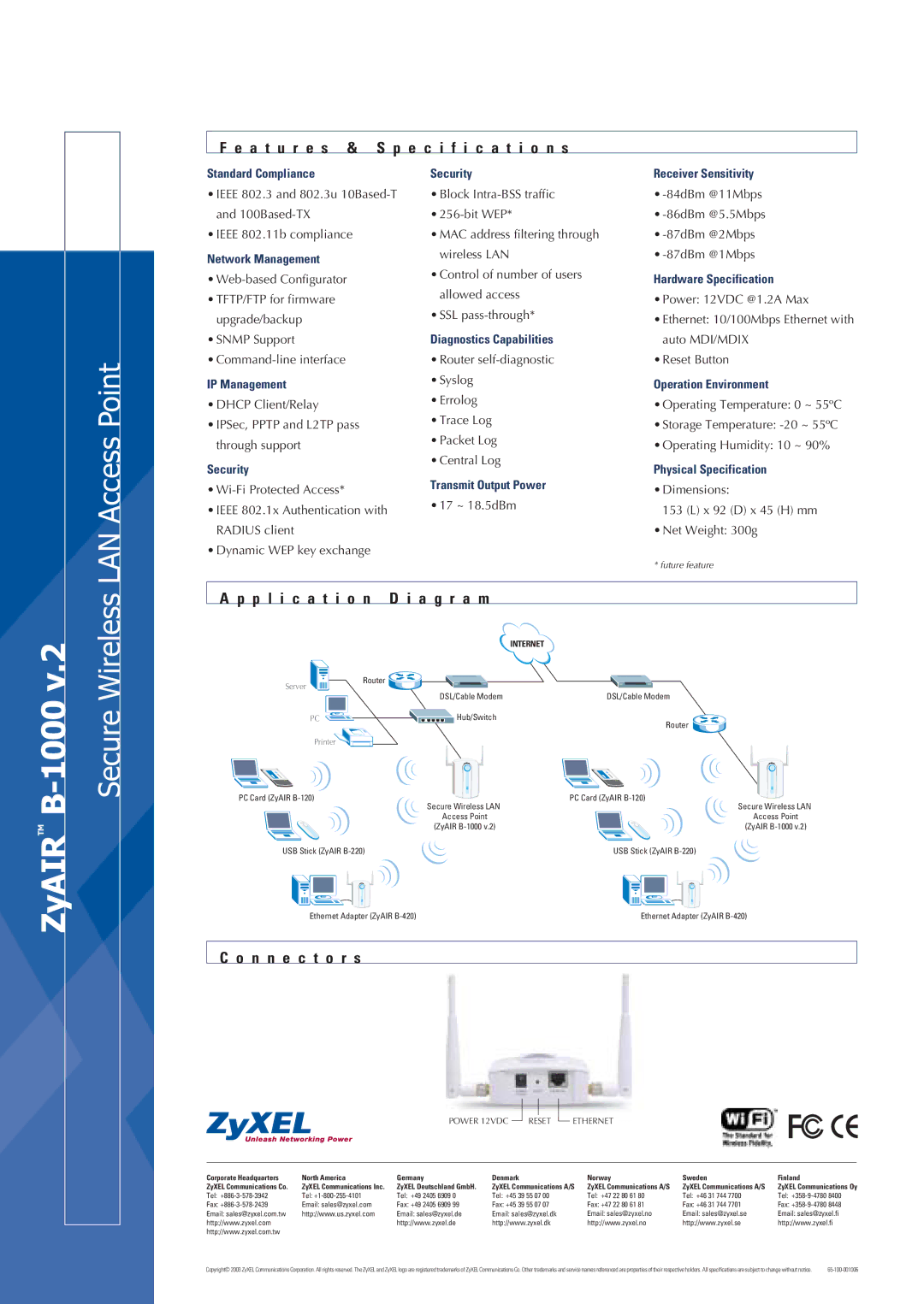 ZyXEL Communications B-1000 manual LAN Access Point, Secure Wireless, A t u r e s & Specification s, N n e c t o r s 