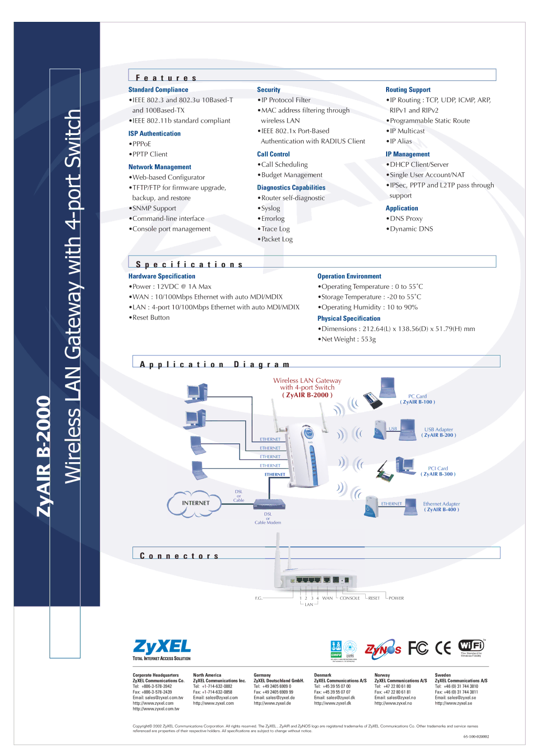 ZyXEL Communications manual A t u r e s, Specification s, P l i c a t i o n D i a g r a m, N n e c t o r s, ZyAIR B-2000 