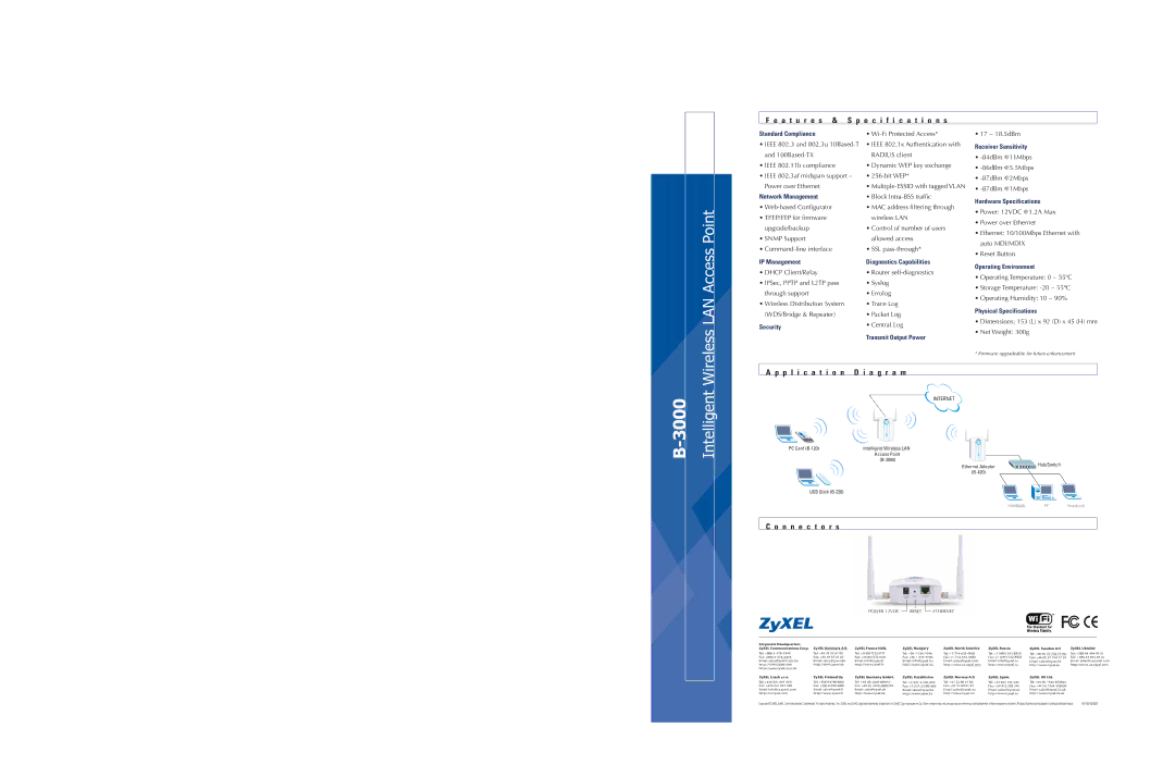 ZyXEL Communications B-3000 specifications A t u r e s & Specification s, P l i c a t i o n D i a g r a m, N n e c t o r s 