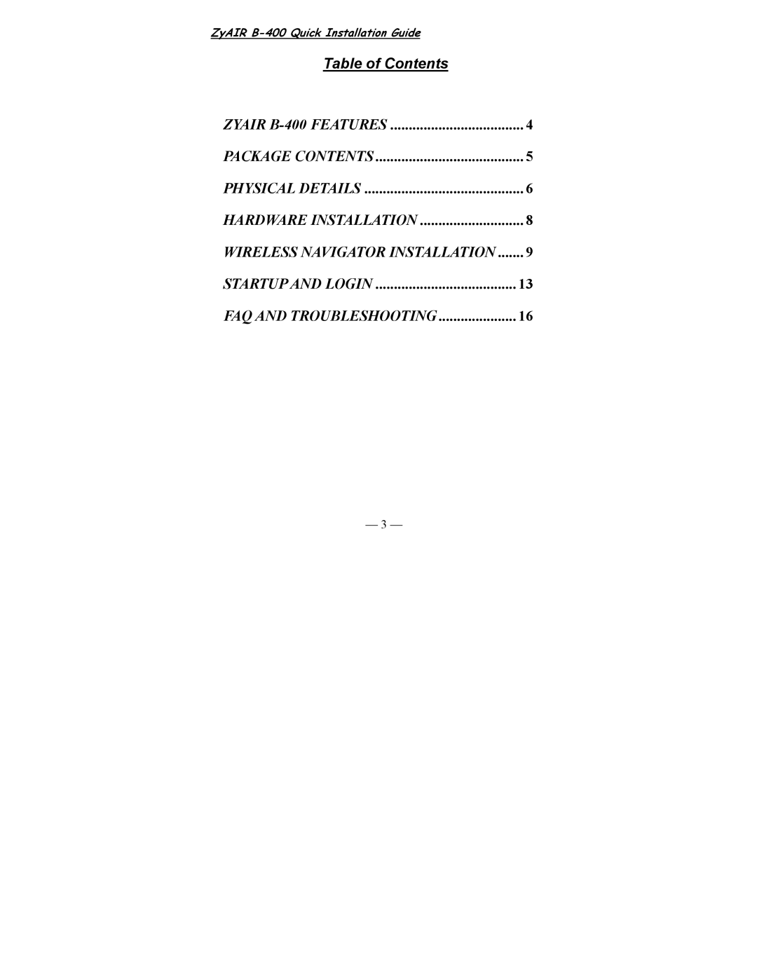 ZyXEL Communications B-400 manual Table of Contents 