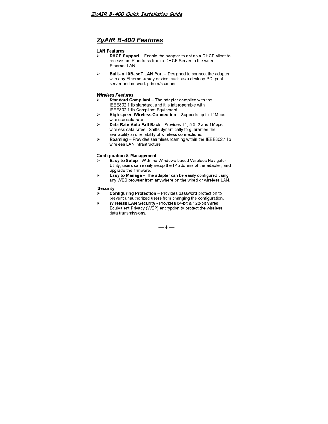 ZyXEL Communications manual ZyAIR B-400 Features, LAN Features 