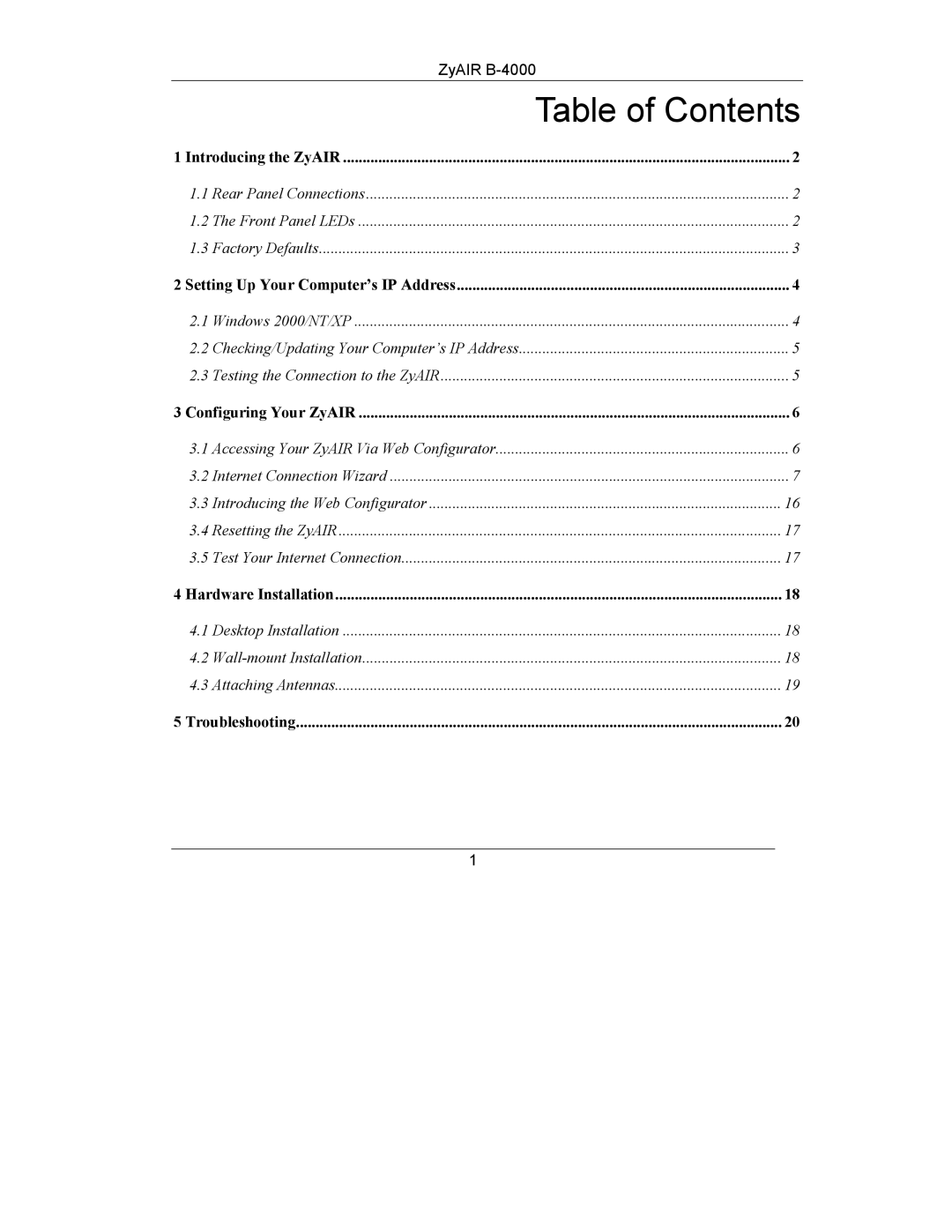 ZyXEL Communications B-4000 manual Table of Contents 