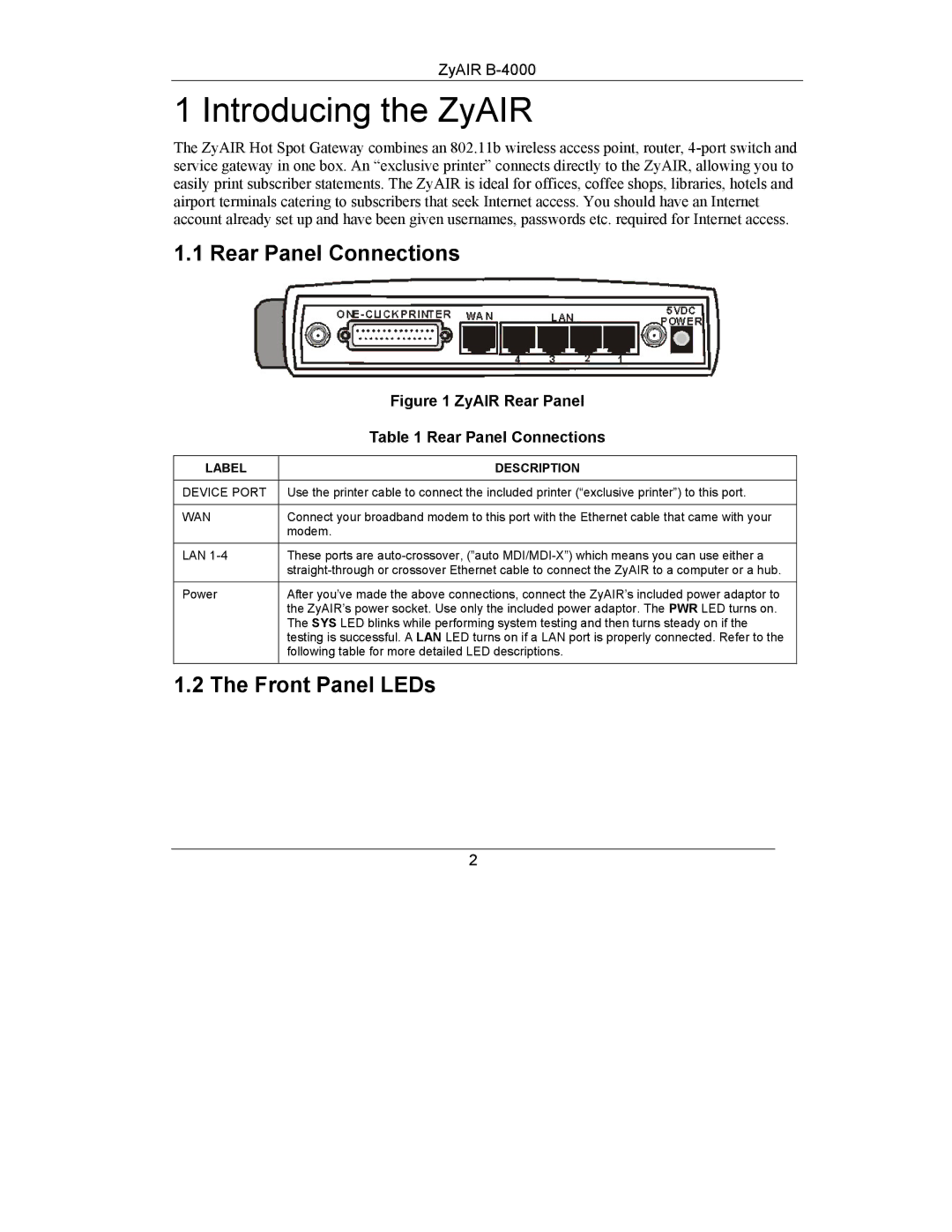 ZyXEL Communications B-4000 manual Introducing the ZyAIR, Rear Panel Connections, Front Panel LEDs 