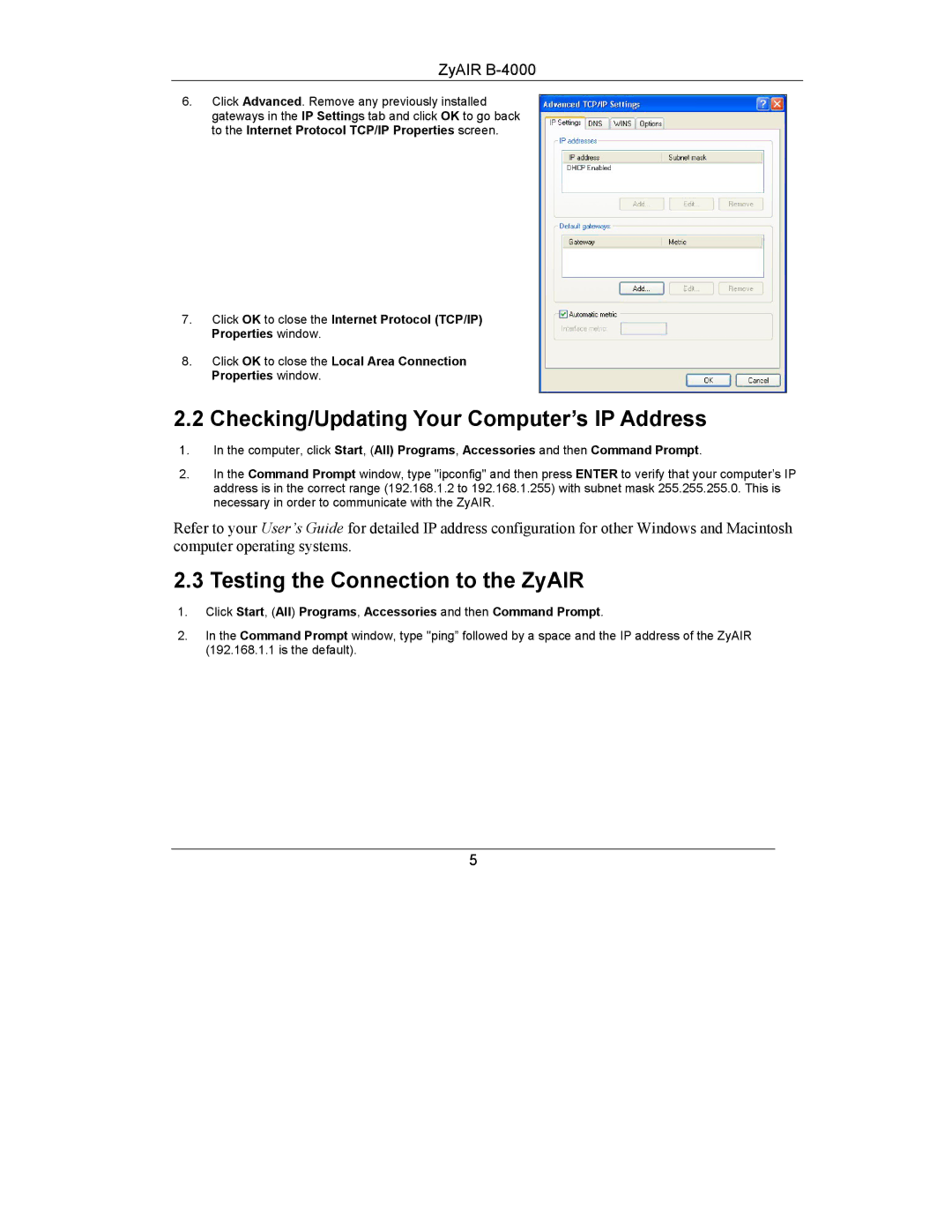 ZyXEL Communications B-4000 manual Checking/Updating Your Computer’s IP Address, Testing the Connection to the ZyAIR 