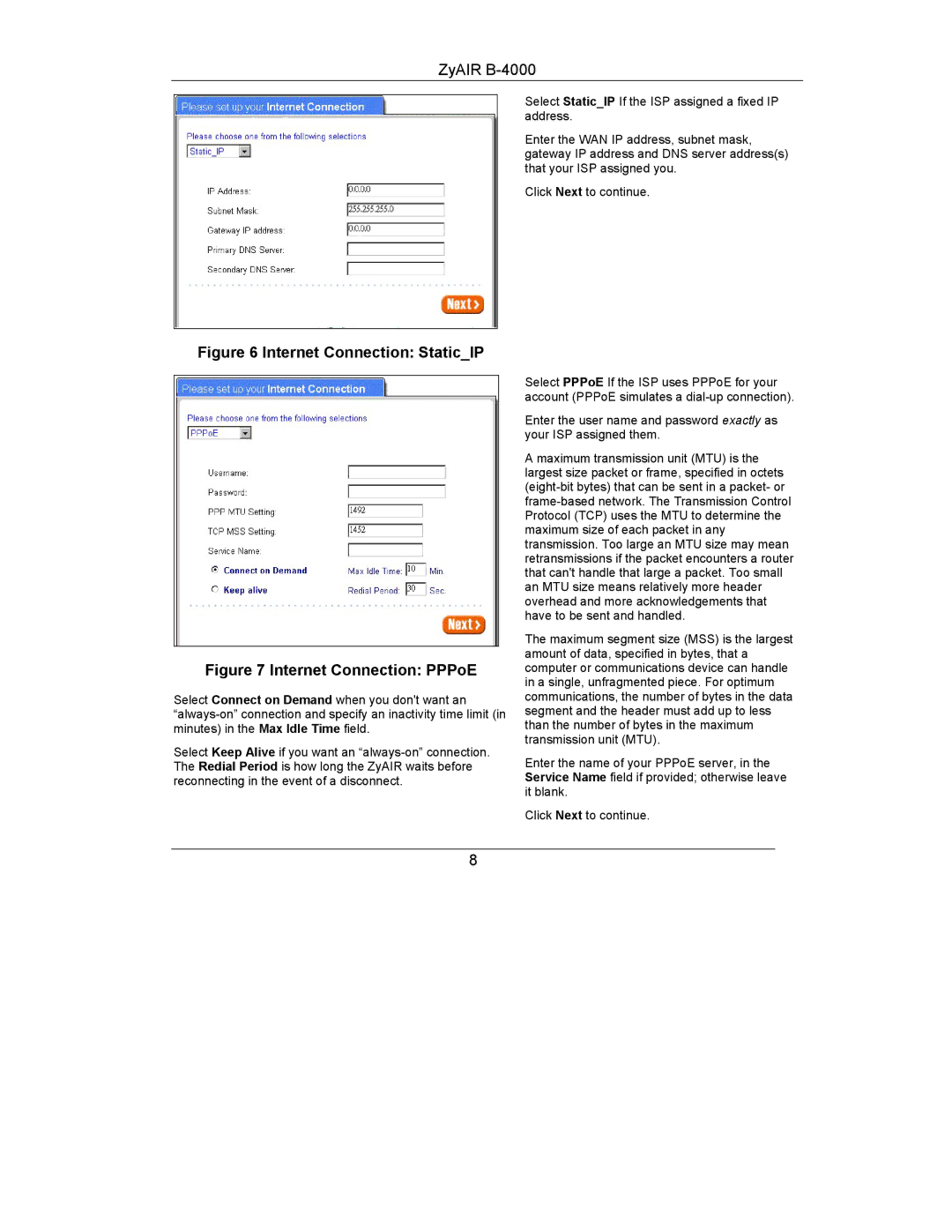 ZyXEL Communications B-4000 manual Internet Connection StaticIP 