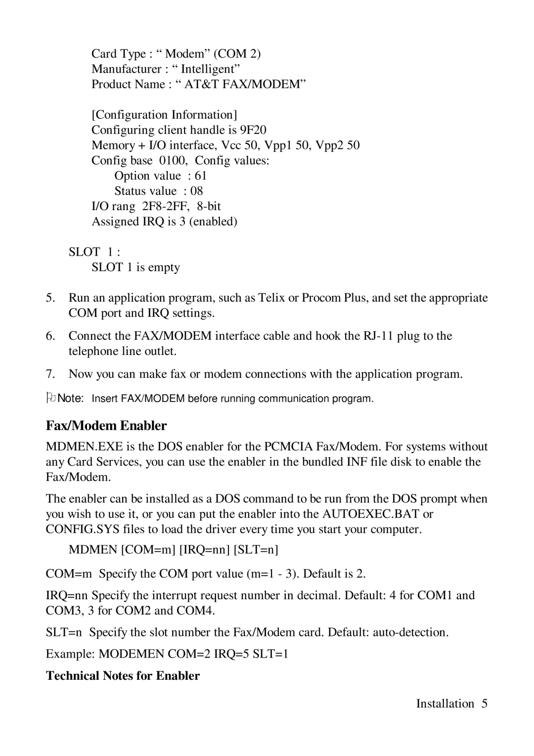 ZyXEL Communications Comet 336P user manual Fax/Modem Enabler, Technical Notes for Enabler 